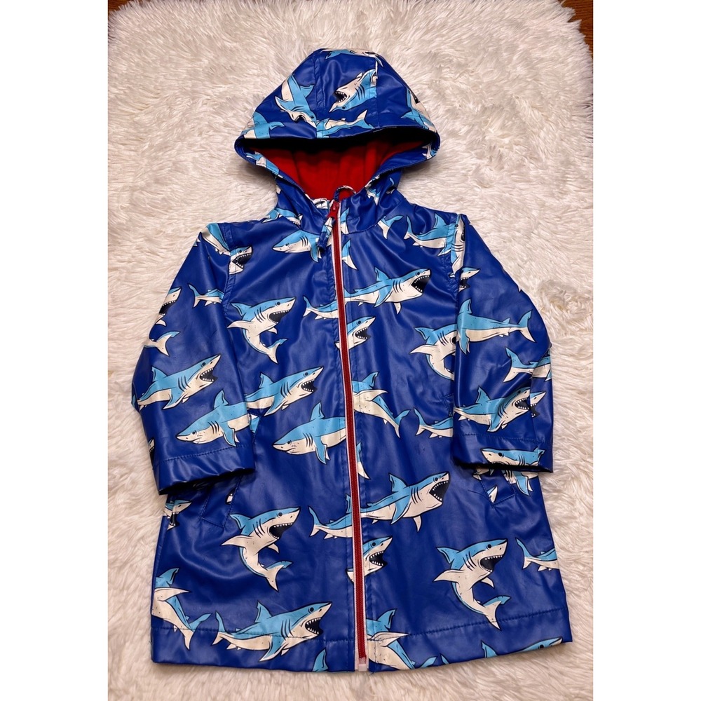 iXtreme Boys Shark Print Hooded Rain Jacket Blue Red Fleece Lined Size 2T